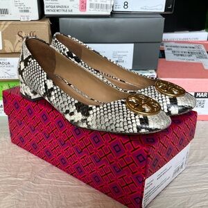 Tory Burch Snakeskin flats with logo medallion